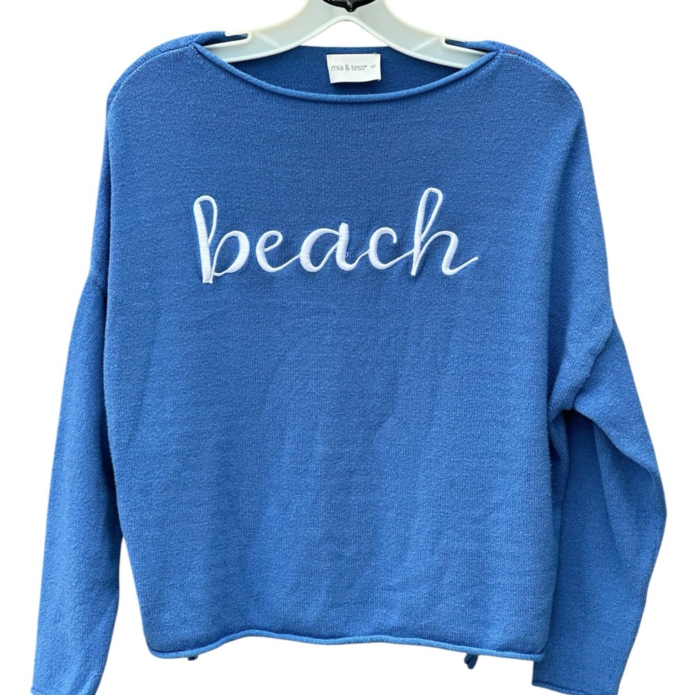 Mia & Tess-Blur Crew Neck Light Sweater- Beach Embroidered- SM-Travel-Vacation